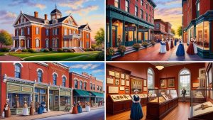 Historic downtown Elyria, Ohio featuring restored 19th-century architecture, local shops, and a museum exhibit with mannequins in period clothing