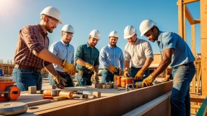 Construction team in Elyria, Ohio collaborating on-site with hard hats, tools, and structural framework under clear skies