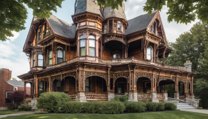 Ornate Victorian mansion with detailed woodwork and wraparound porch in Findlay, Ohio, surrounded by lush greenery.
