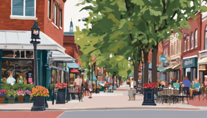 Artistic depiction of downtown Findlay, Ohio showing outdoor cafés, local shops, and people walking along tree-lined sidewalks.