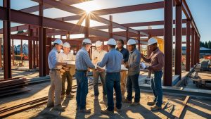 Contractors and engineers discussing plans at a steel frame construction site in Gresham, Oregon, representing commercial projects secured with performance bonds.
