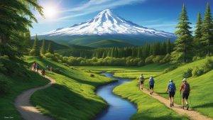 Hikers enjoying a scenic trail near Mount Hood in Gresham, Oregon, showcasing the natural beauty that surrounds local construction projects and community development.