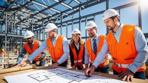 Group of engineers and contractors in safety gear discussing blueprints on a steel-framed construction site in Huntersville, North Carolina.