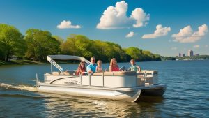 Family enjoying a sunny day boating on a lake near Huntersville, North Carolina, with lush trees and clear skies in the background.
