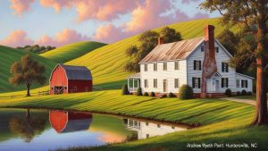 Scenic countryside with a red barn and white farmhouse reflected in a pond, painted in the style of Andrew Wyeth, located in Huntersville, North Carolina.