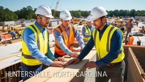 Construction managers reviewing plans at a commercial job site in Huntersville, North Carolina, with cranes and building equipment in the background.