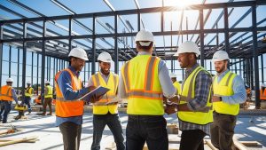 Construction professionals collaborate on a steel-framed structure in Jacksonville, North Carolina, ensuring compliance with bonding requirements for public works and infrastructure builds.