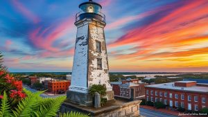 Historic lighthouse overlooking downtown Jacksonville, North Carolina at sunset—highlighting the city's mix of tradition and modern infrastructure development supported by performance bonds.