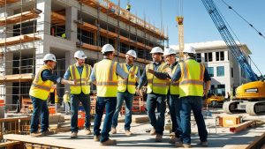 Team of construction professionals in Kettering, Ohio collaborating on a building site in front of a new commercial structure with scaffolding and cranes.