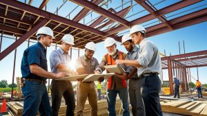 Construction workers in Kettering, Ohio reviewing blueprints on a job site under a steel framework, wearing hard hats and safety gear.