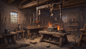 Historic blacksmith workshop in Kettering, Ohio with tools, a glowing forge, and rustic wooden beams showcasing early American craftsmanship.