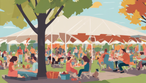 Community members enjoying an outdoor festival in Kettering, Ohio under large white tents, surrounded by picnic tables and autumn trees.