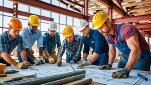 Construction workers and site supervisors in Lorain, Ohio reviewing detailed architectural blueprints on a commercial build site