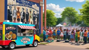 Local festival in Lorain, Ohio featuring a colorful food truck, diverse cultural celebration, and mural showcasing historic figures