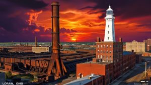 Lorain, Ohio steel mills and white lighthouse framed by a dramatic sunset sky, reflecting the city's industrial heritage