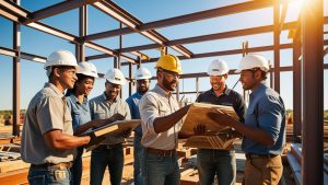 Construction workers reviewing blueprints at a commercial job site in Midwest City, Oklahoma, symbolizing collaboration and the importance of performance bonds in local development projects.