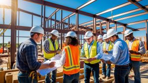 eam of contractors and engineers discussing construction plans under a steel framework in Midwest City, Oklahoma, highlighting the role of performance bonds in ensuring project completion.