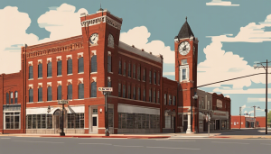 Historic downtown buildings and clock tower in Midwest City, Oklahoma, showcasing the city’s architectural charm supported by bonded commercial construction efforts.