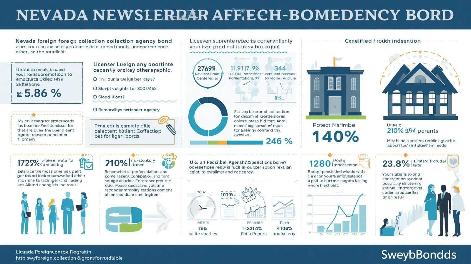Infographic highlighting Nevada Foreign Collection Agency Bond licensing, penalties, financial data, and compliance enforcement.