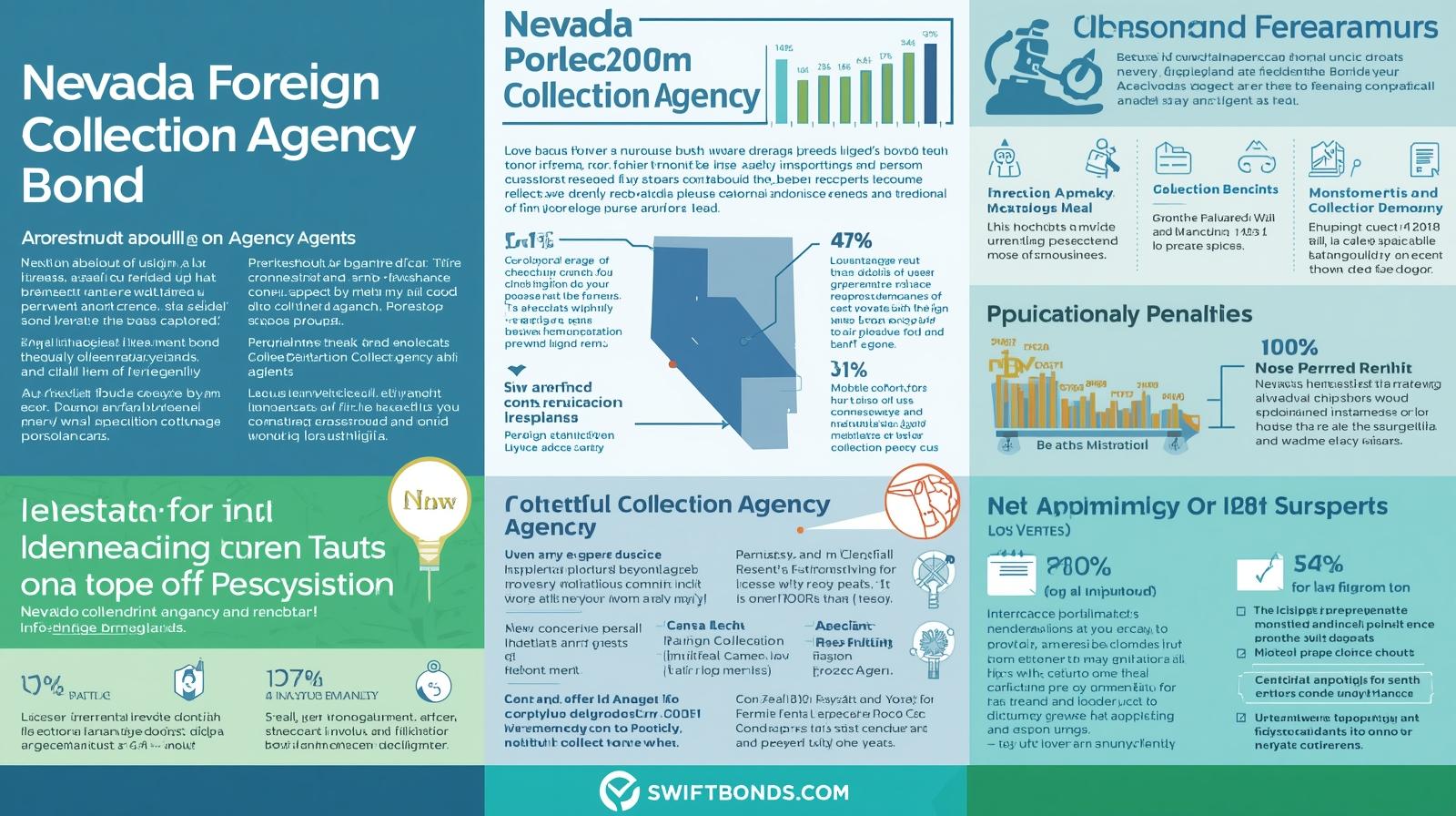 Infographic explaining Nevada Foreign Collection Agency Bond requirements with charts, state map, and compliance details.