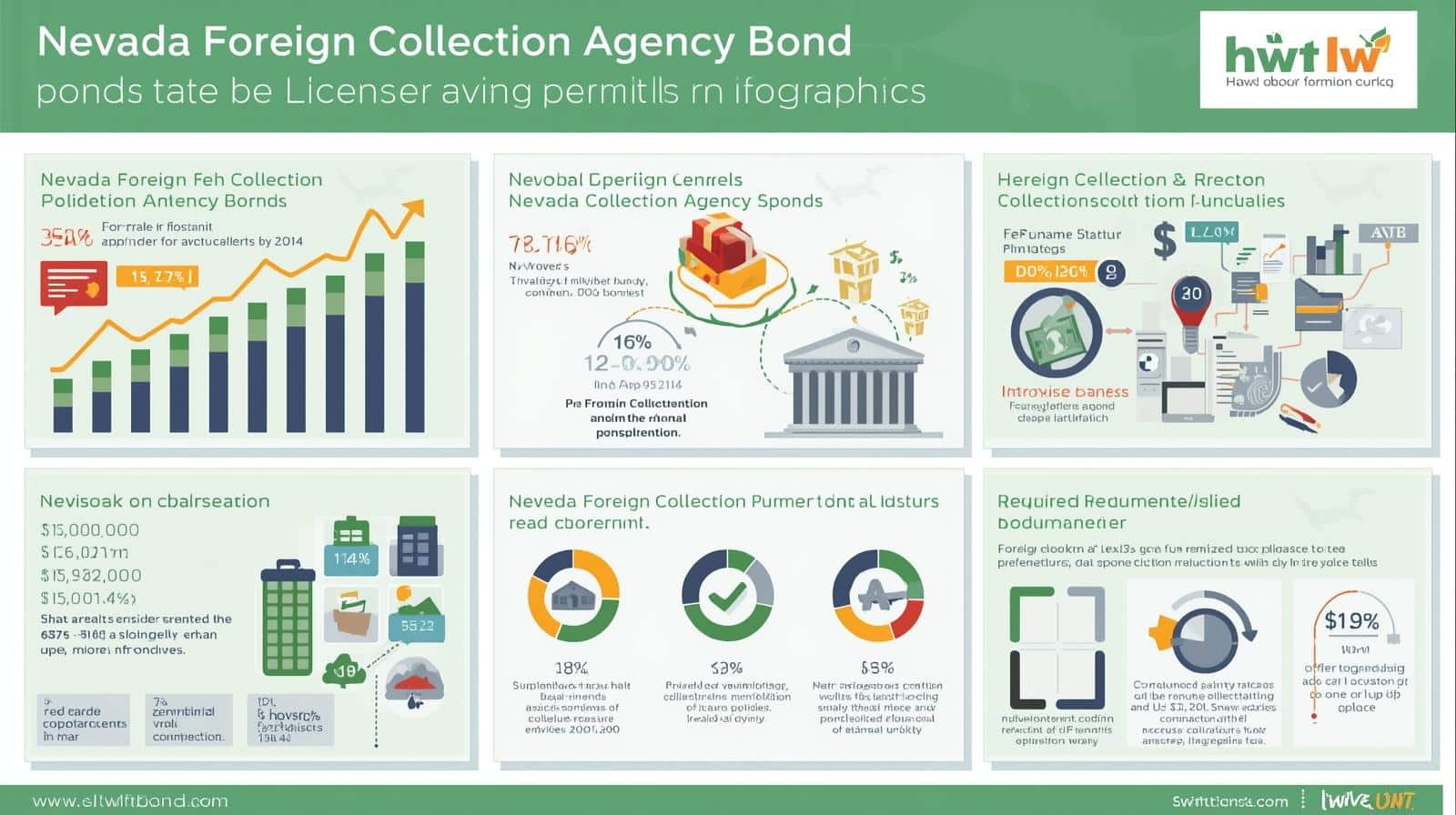 Colorful infographic showing Nevada Foreign Collection Agency Bond licensing rules, financial obligations, and compliance statistics.