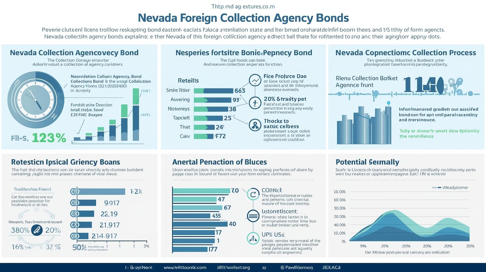 Blue-themed infographic outlining Nevada Foreign Collection Agency Bond processes, penalties, and bond usage data.
