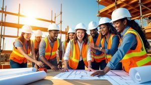 Group of architects and engineers in safety gear reviewing blueprints with smiles at a construction site in Norman, Oklahoma