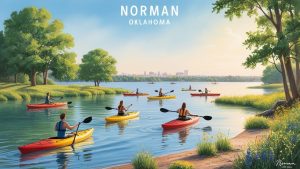 Kayakers paddling on a serene lake surrounded by lush trees with the skyline of Norman, Oklahoma in the distance on a sunny day
