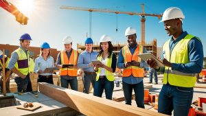 Diverse team of construction workers in hard hats and safety vests collaborating with digital tablets at an active job site in Norman, Oklahoma