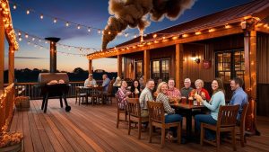 Group of contractors enjoying a barbecue on a wood deck in Oklahoma City, Oklahoma during a sunset gathering near a commercial building site