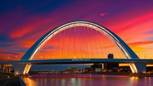 Skydance Bridge illuminated at sunset in Oklahoma City, Oklahoma with downtown skyline in the background, symbolizing infrastructure projects
