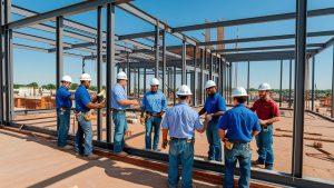 Construction workers in hard hats discussing steel framing plans on a commercial build site in Oklahoma City, Oklahoma
