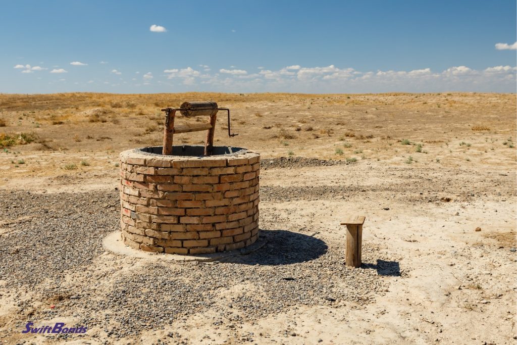 A water well that is accessible to both humans and animals in a remote location.