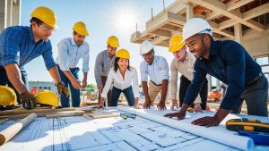 Team of contractors collaborating on a Parma, Ohio building project, highlighting diversity and compliance through performance bonding