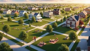 Suburban neighborhood in Parma, Ohio with green lawns and families enjoying the outdoors, representing community development supported by performance bonds