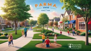 Vibrant downtown Parma, Ohio with families walking through landscaped public spaces, showcasing infrastructure projects backed by local contractor performance bonds.