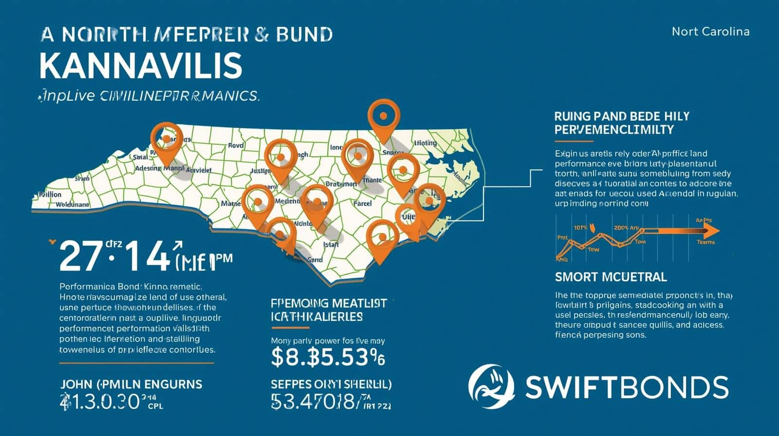 Blue infographic with a North Carolina map showing Kannapolis project locations and key performance bond statistics