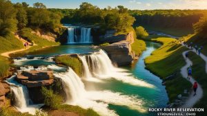 Scenic view of cascading waterfalls and hiking trails at Rocky River Reservation in Strongsville, Ohio, a popular destination for local contractors and nature lovers alike.