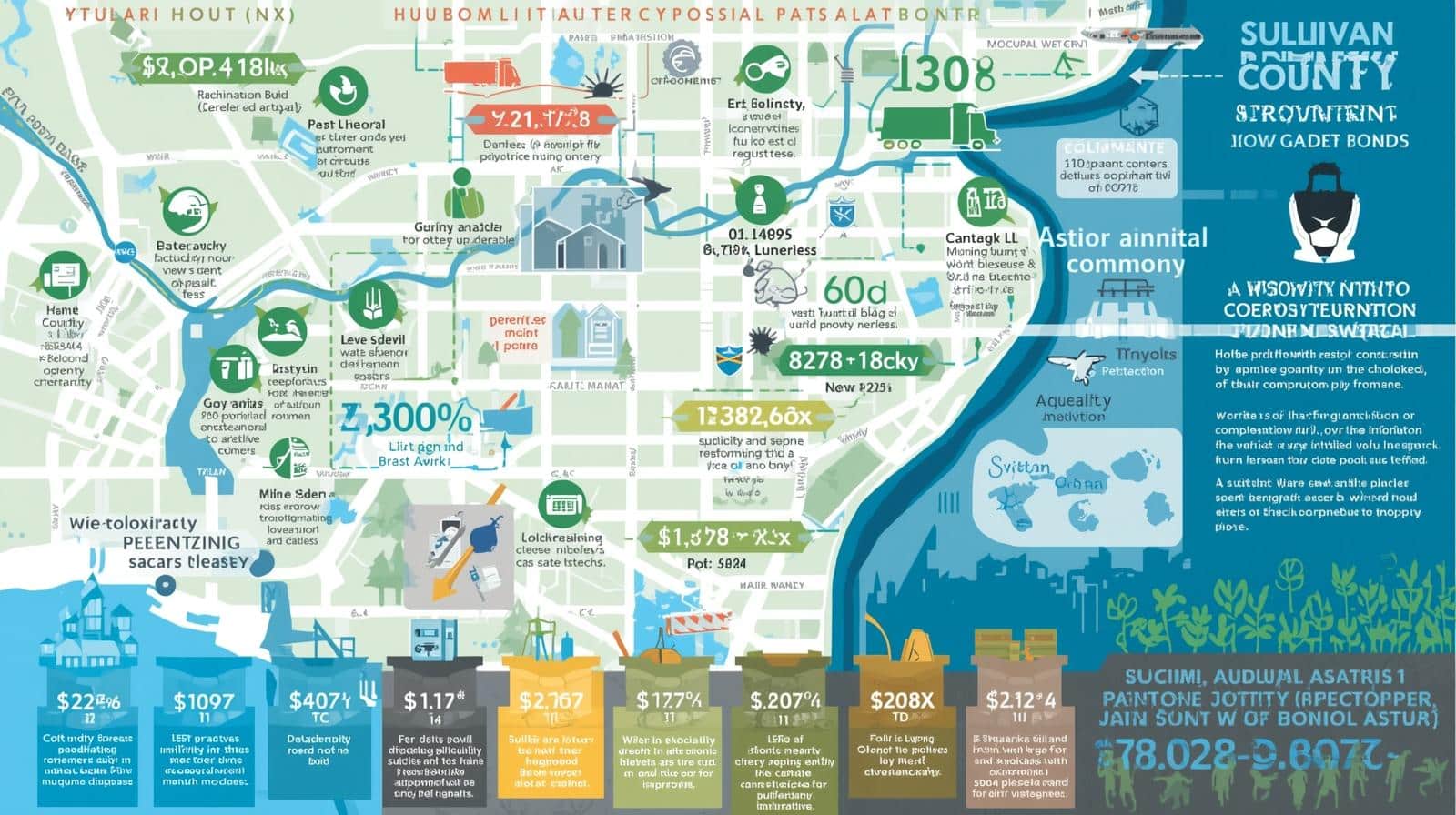 Infographic map showing Sullivan County, NY solid waste disposal fees bond details and environmental statistics.