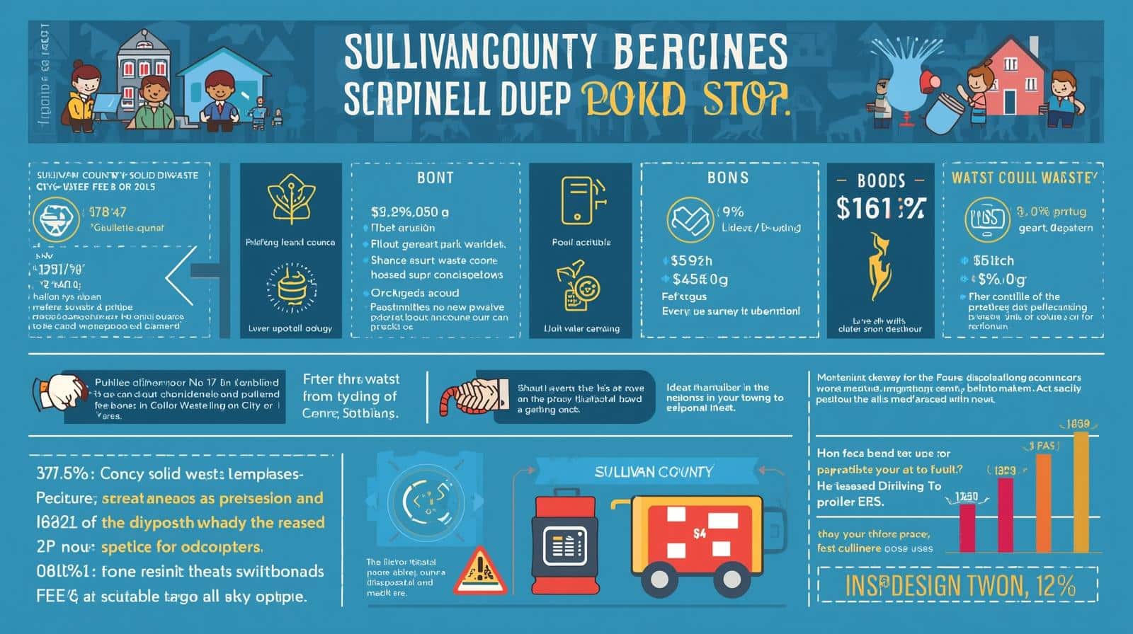 Illustrated guide explaining Sullivan County solid waste fee bond requirements, bond amounts, and enforcement measures.
