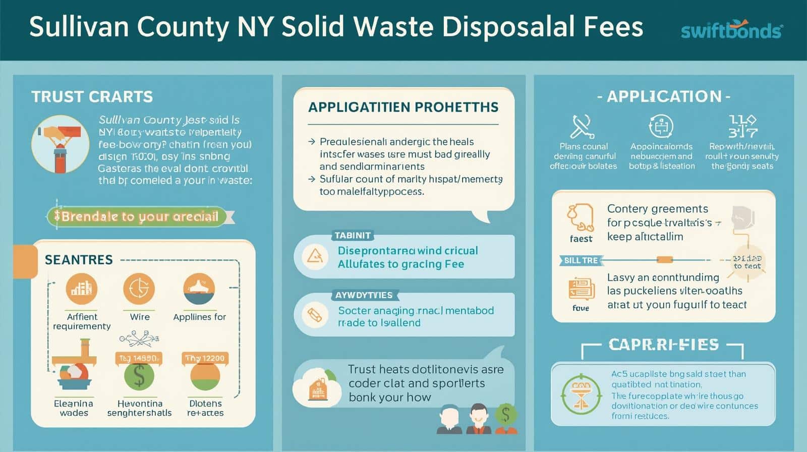 Infographic detailing the application process, trust requirements, and protections of the Sullivan County solid waste bond.