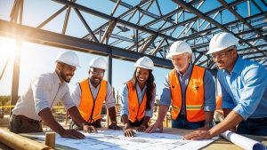 Diverse group of contractors discussing project plans under steel framing in Troy, New York—highlighting teamwork on public works projects backed by performance bonds.
