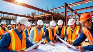 Construction crew in safety gear reviewing blueprints at a commercial job site in Troy, New York—representing contractors who benefit from understanding performance bonds meaning.