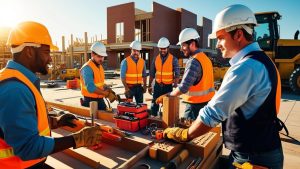 Team of builders in safety vests and hard hats collaborating on a commercial construction site in Tulsa, Oklahoma during daylight