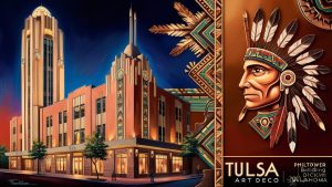 Art Deco style Philcade and Philtower buildings in downtown Tulsa, Oklahoma with Native American design elements and Tulsa art branding
