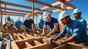 Diverse group of construction workers wearing hard hats and blue uniforms building a wooden framework on a Tulsa, Oklahoma job site