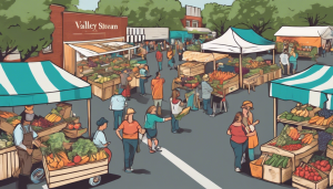 Vibrant farmers market in Valley Stream, New York with local vendors and residents, showcasing community life in the heart of Nassau County