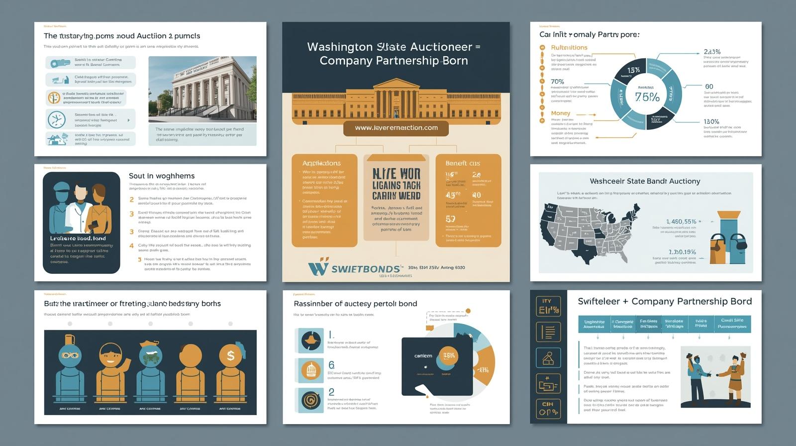 Multi-panel infographic explaining Washington Auctioneer and Company Partnership Bonds with charts, U.S. maps, and benefit highlights.