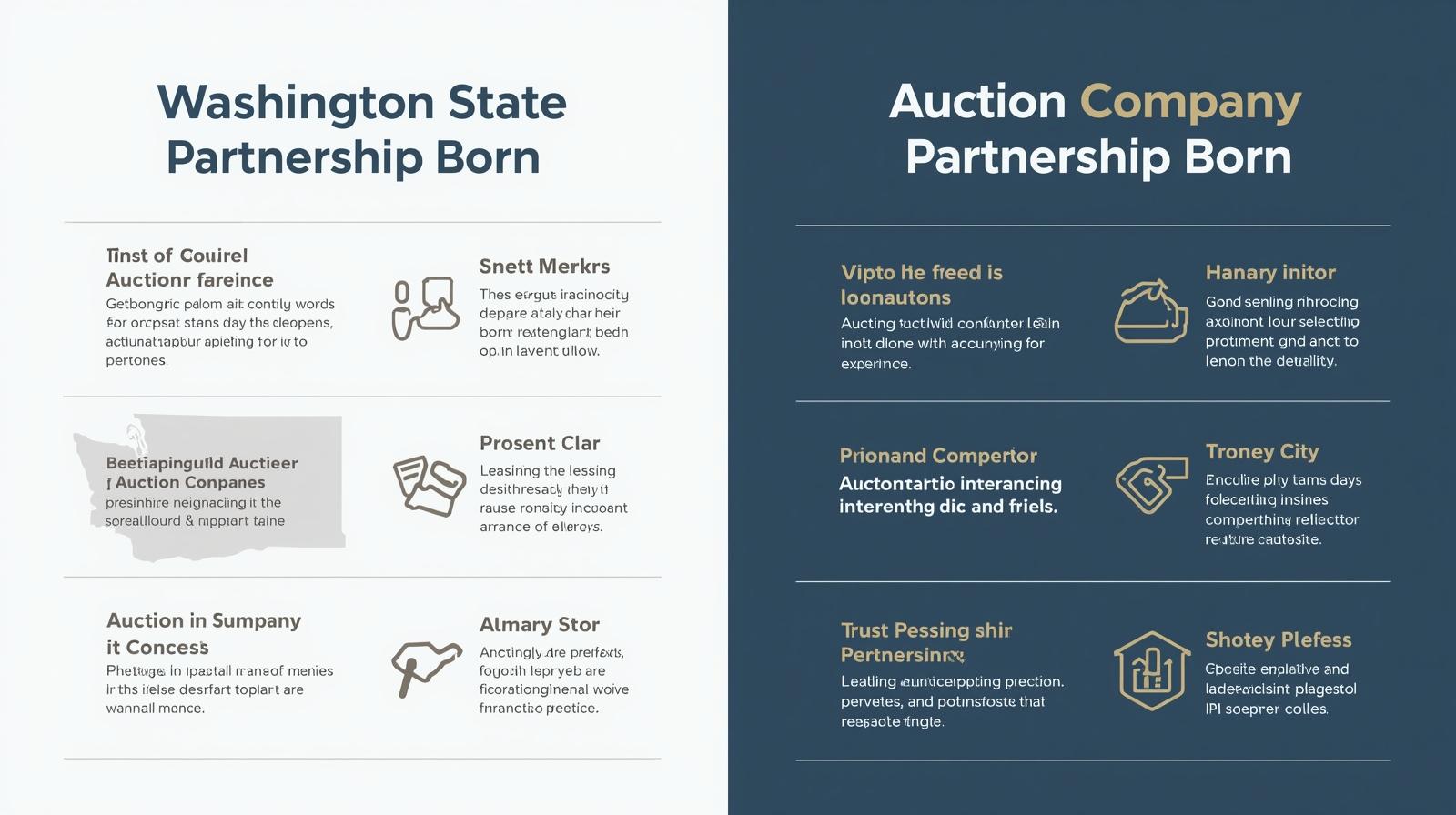 Infographic comparing Washington State Auctioneer Partnership Bond and Auction Company Partnership Bond with key features and responsibilities.