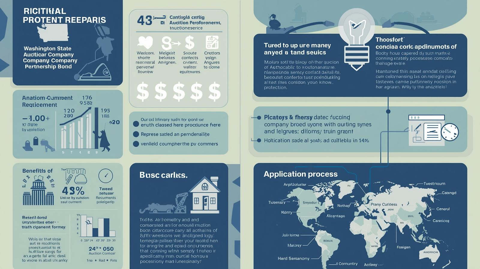 Detailed infographic on Washington State Auctioneer Company Partnership Bond showing benefits, requirements, and application process.
